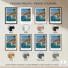 Catalina Island travel poster framed print with eight frame color options shown