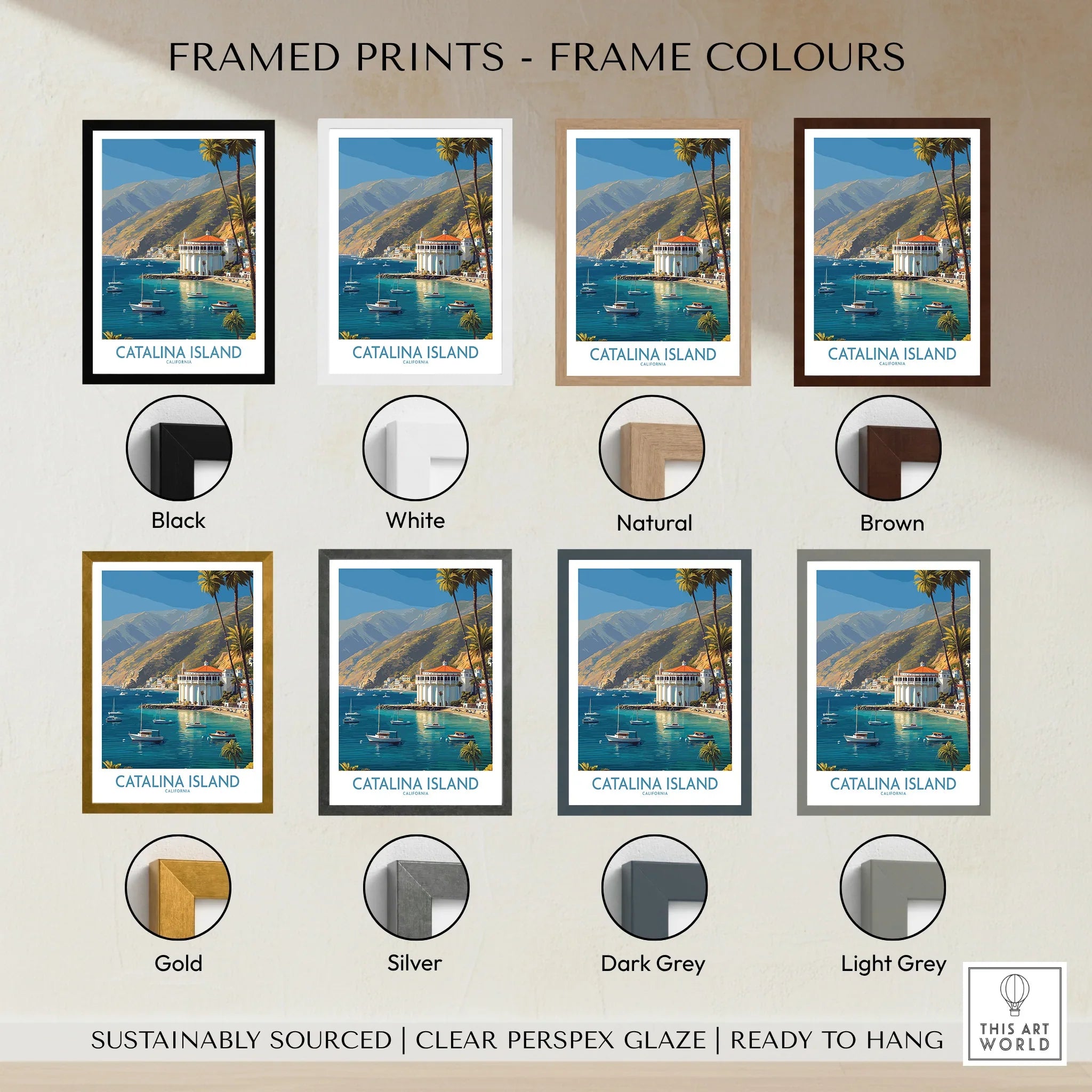 Catalina Island travel poster framed print with eight frame color options shown