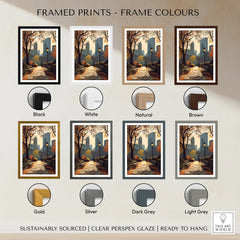 Framed Central Park print in eight frame colors, showing a scenic autumn city path wall art.