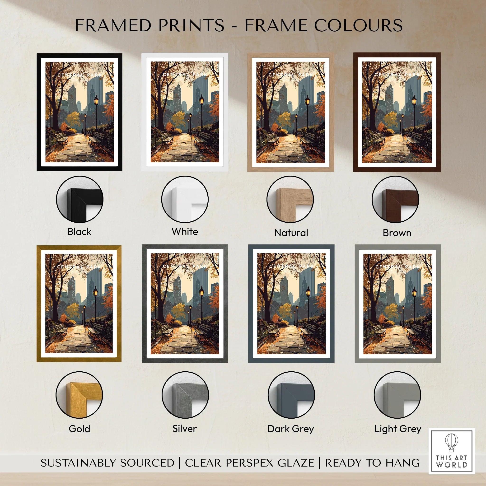Framed Central Park print in eight frame colors, showing a scenic autumn city path wall art.