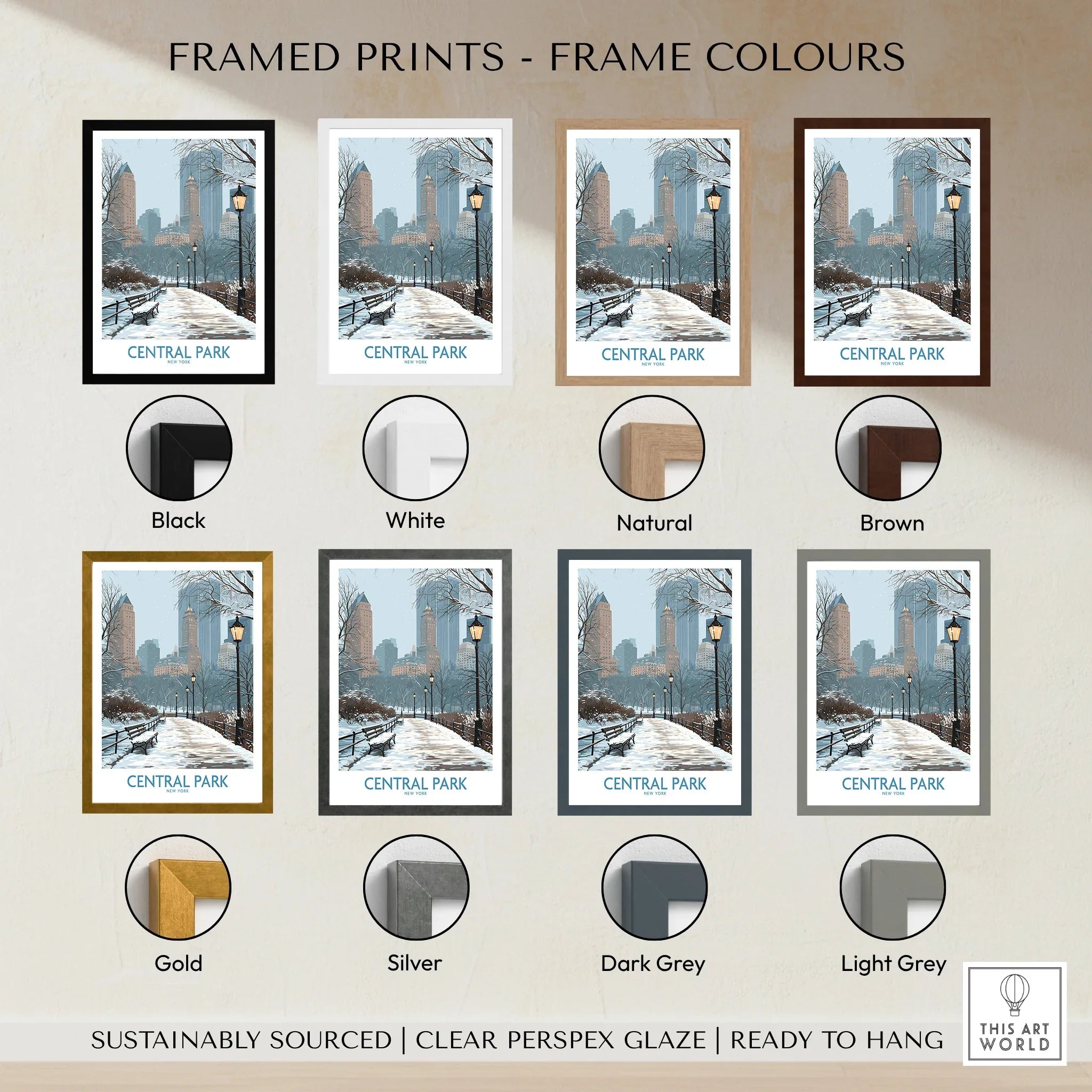 Central Park art print in eight frame color options, skyline and winter pathway scene.