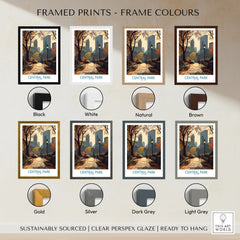 Central Park framed print wall art with city skyline, shown in 7 frame color options.