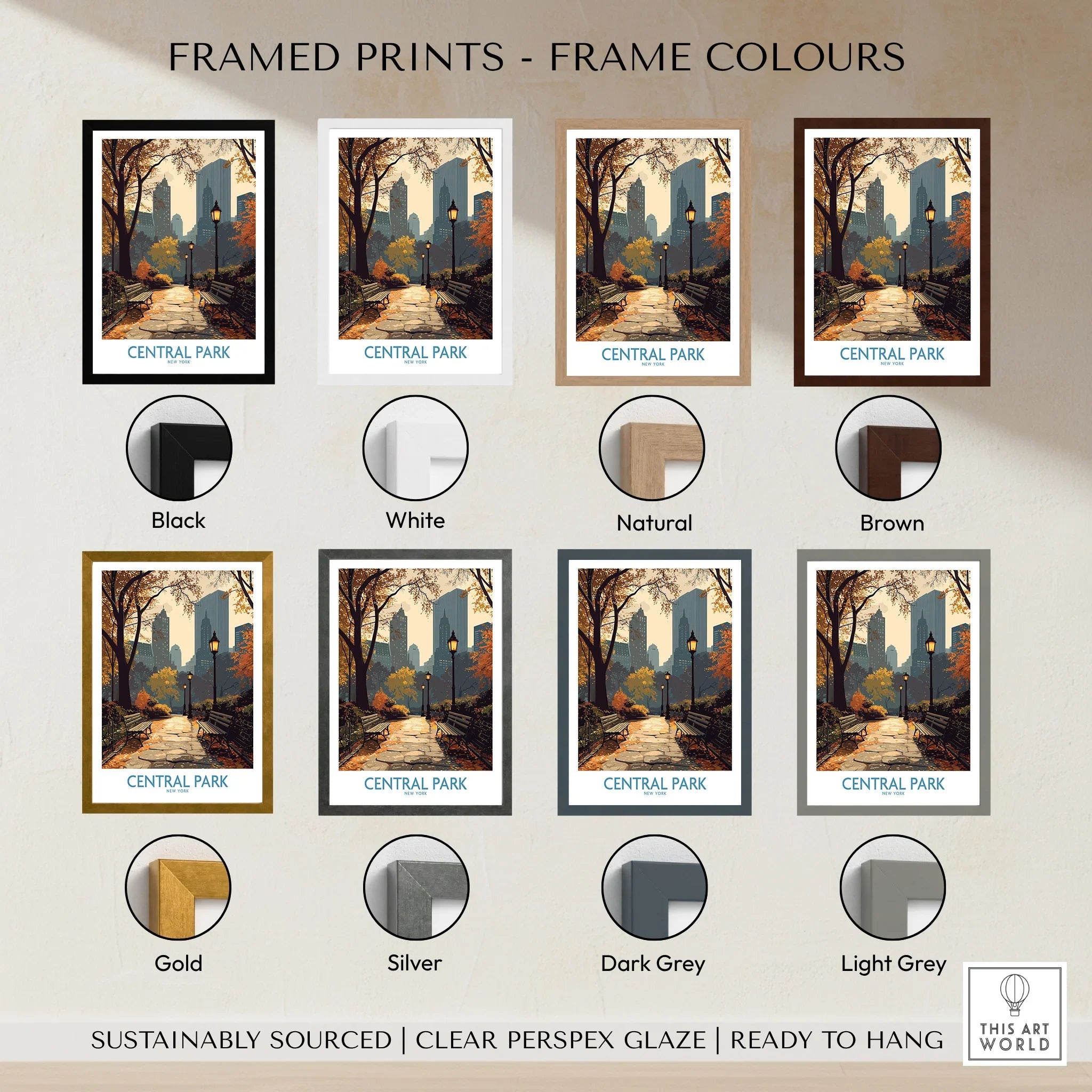 Central Park framed print wall art with city skyline, shown in 7 frame color options.