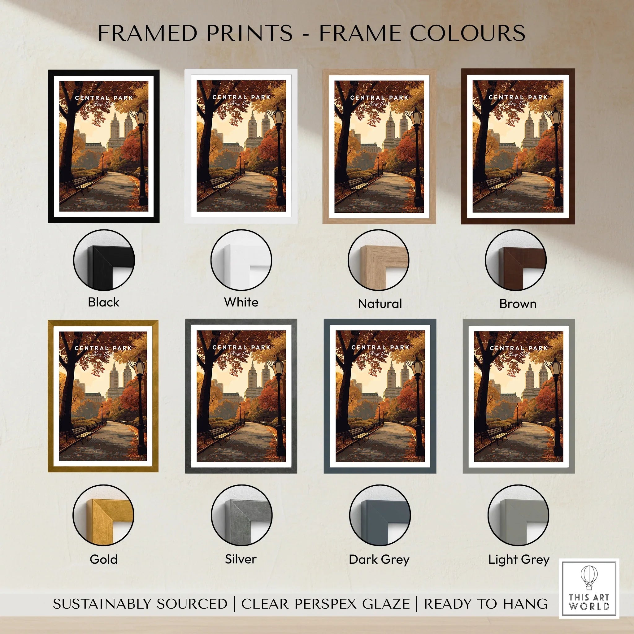 Central Park framed art print in eight frame colors, showing autumn scene and skyline.