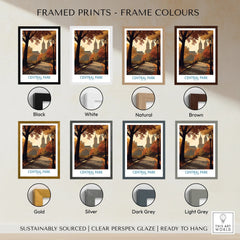 Central Park framed print wall art in different frame colors including black, white, natural, brown, gold, silver, dark grey, and light grey, shown with autumn cityscape illustration.