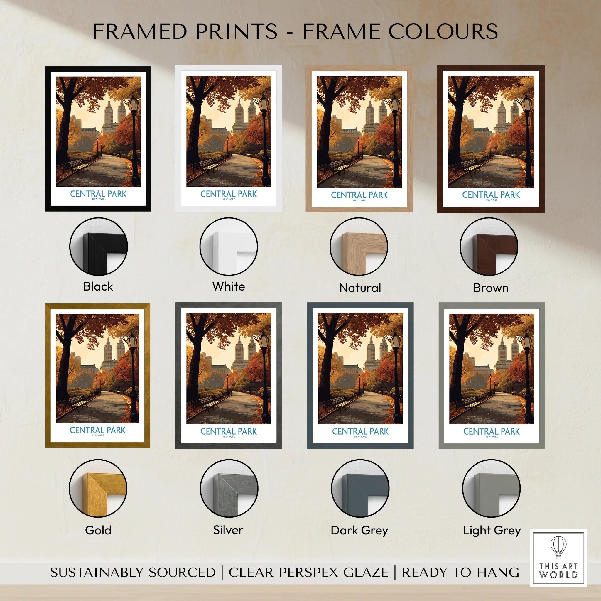 Central Park framed print wall art in different frame colors including black, white, natural, brown, gold, silver, dark grey, and light grey, shown with autumn cityscape illustration.