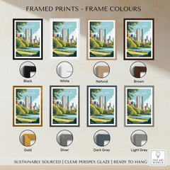 Central Park skyline art print shown with various frame color options including black, white, natural, brown, gold, silver, dark grey, and light grey.