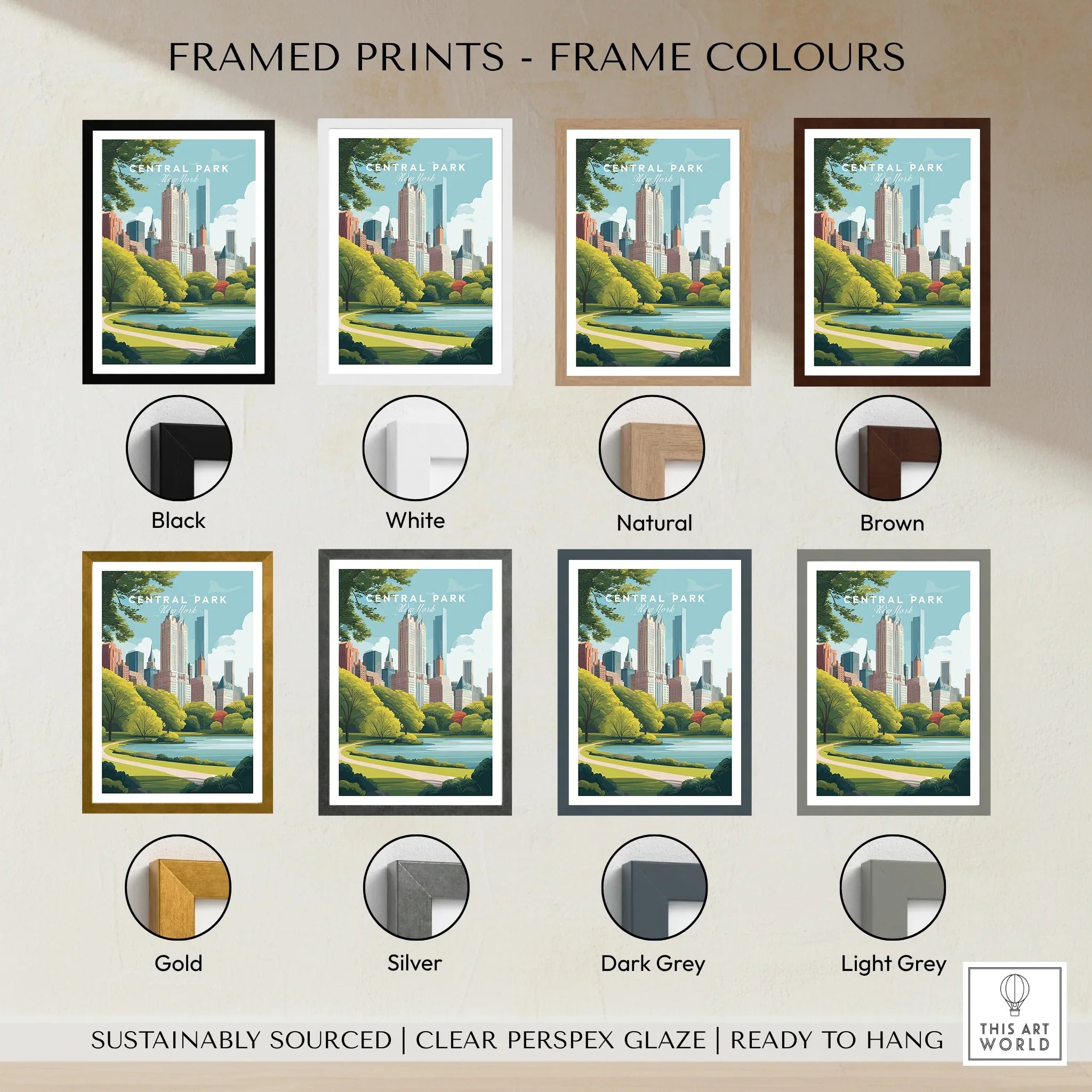 Central Park skyline art print shown with various frame color options including black, white, natural, brown, gold, silver, dark grey, and light grey.