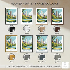 Central Park travel poster print with eight different frame color options shown