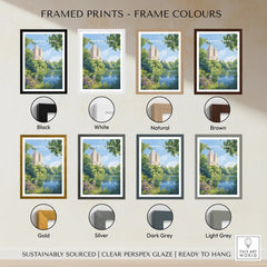 Central Park framed wall art print with eight frame color options, including black, white, natural, brown, gold, silver, dark grey, and light grey.