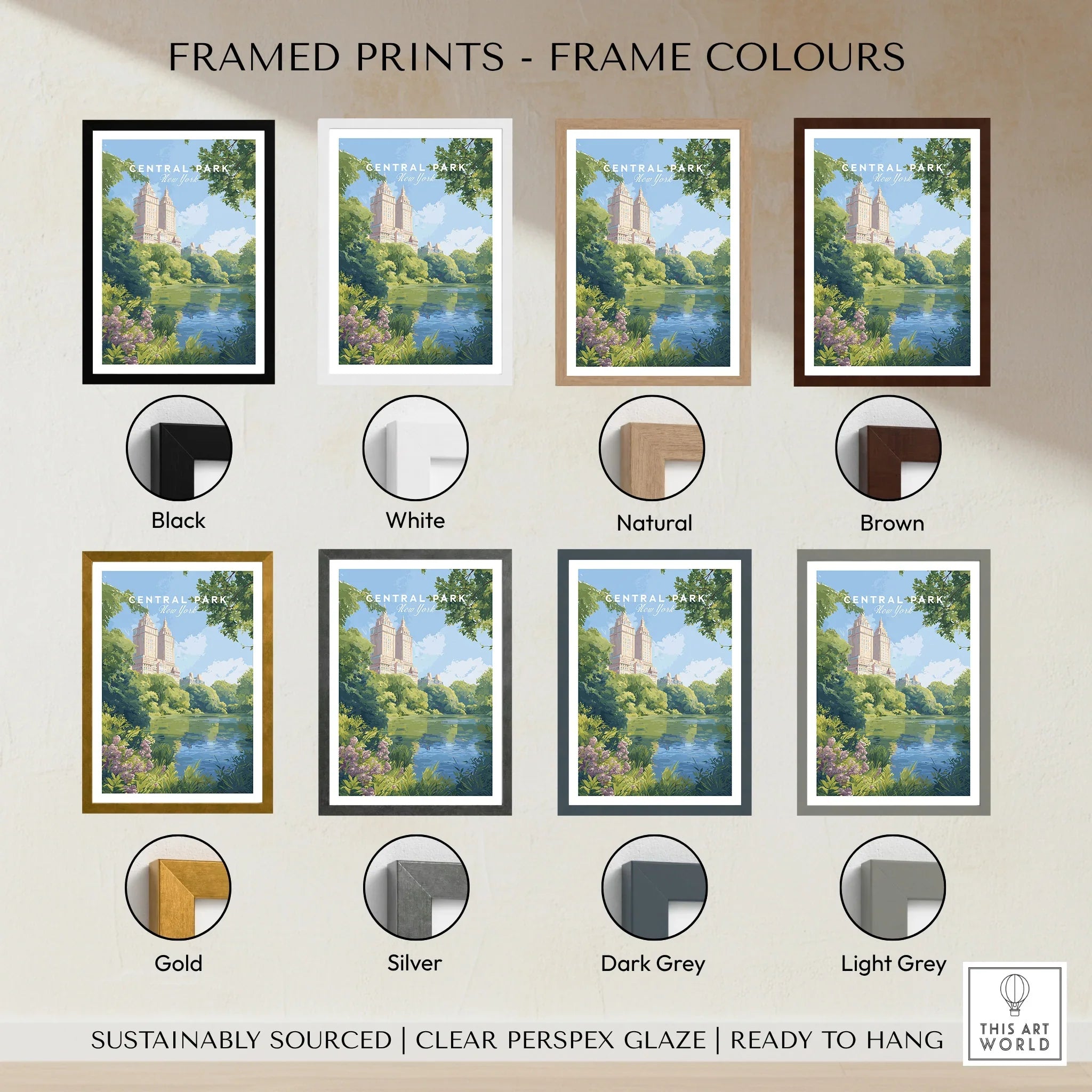 Central Park framed wall art print with eight frame color options, including black, white, natural, brown, gold, silver, dark grey, and light grey.