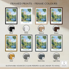 Central Park wall art print with eight frame color options including black, white, natural, brown, gold, silver, dark grey, and light grey.