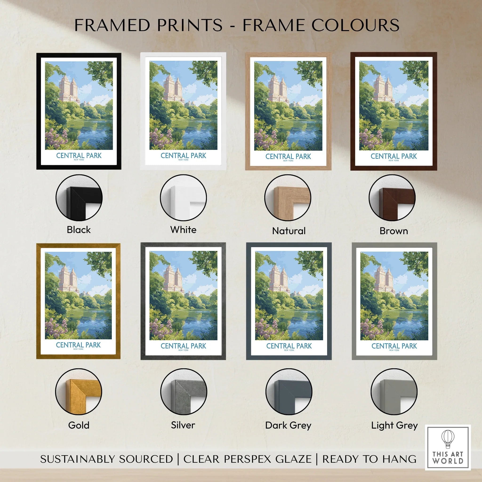Central Park wall art print with eight frame color options including black, white, natural, brown, gold, silver, dark grey, and light grey.