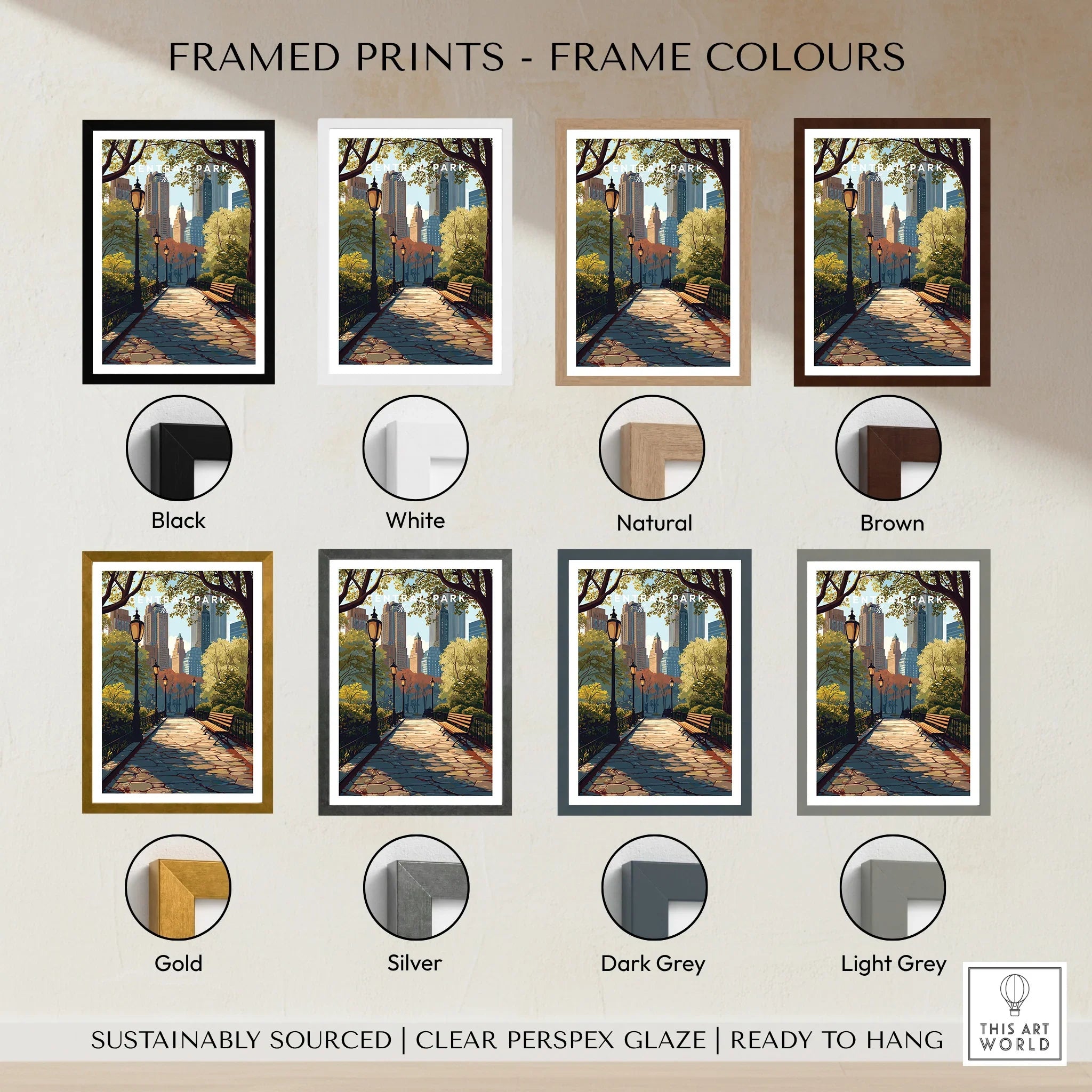 Central Park wall art print in eight frame color options including black, white, natural, brown, gold, silver, dark grey, and light grey.