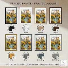 Central Park travel poster print shown in eight different frame color options for wall art