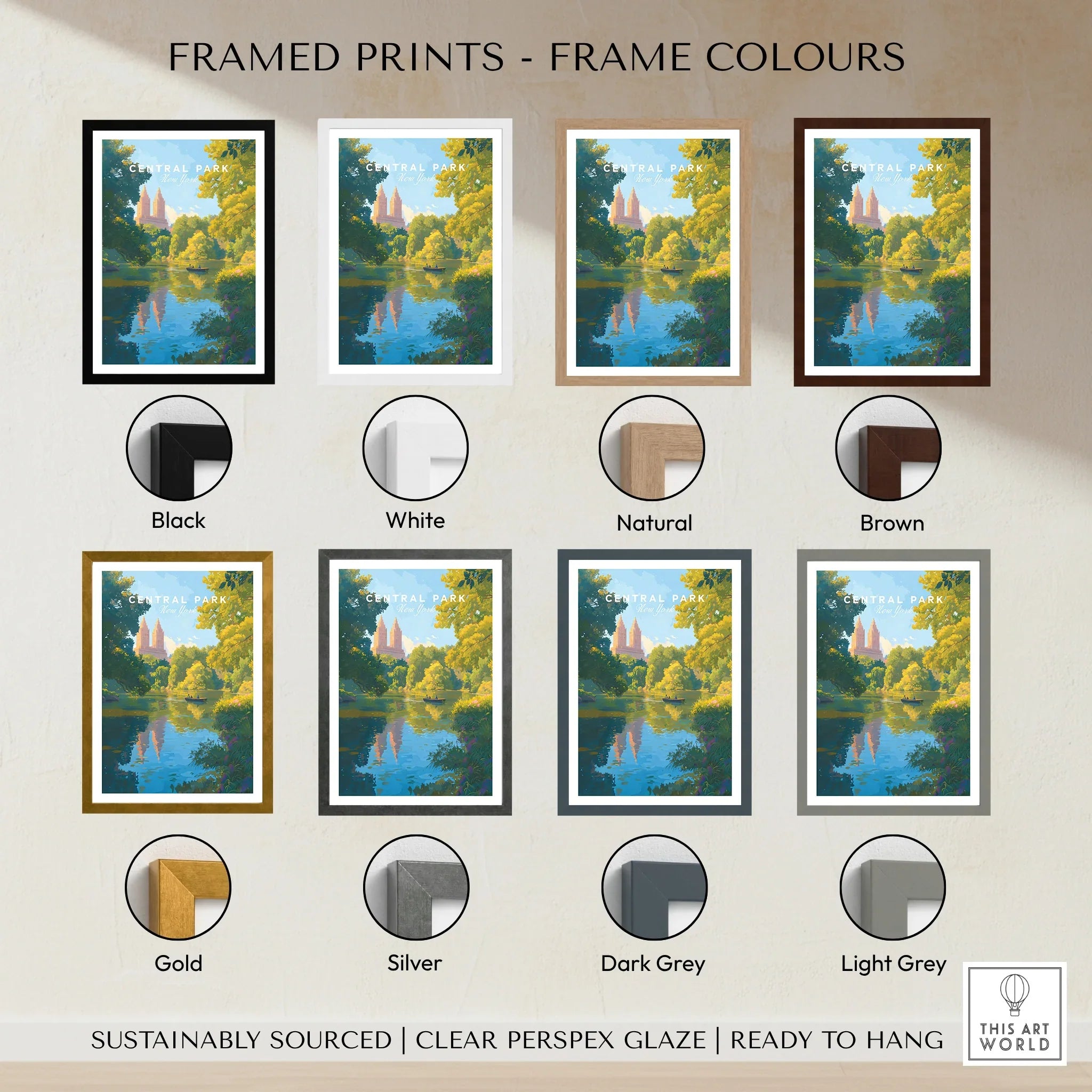Central Park framed print art in eight frame colour options, including black, white, natural, brown, gold, silver, dark grey, and light grey.
