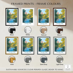 Framed Central Park print wall art shown in eight frame color options including black, white, natural, brown, gold, silver, dark grey, and light grey.