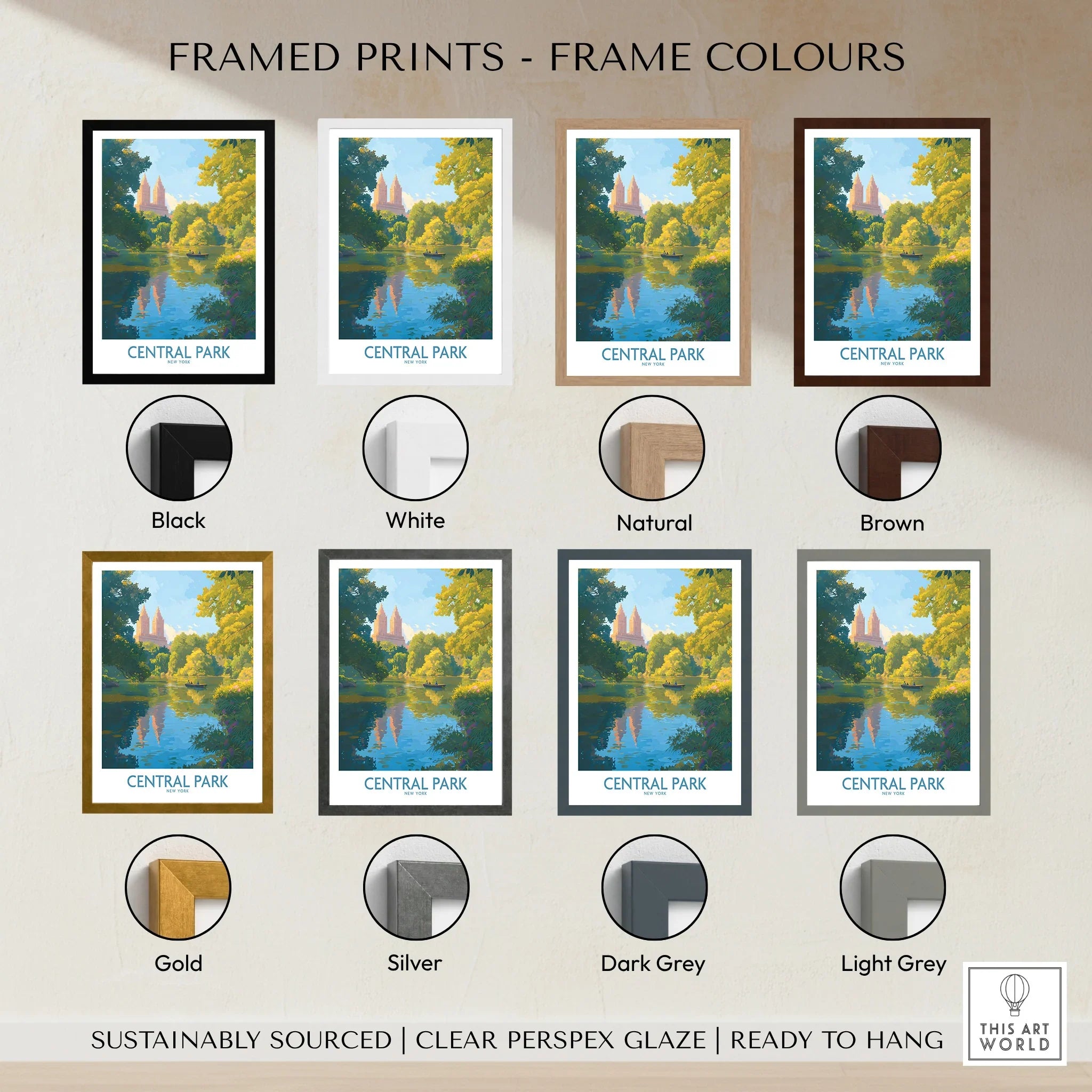 Framed Central Park print wall art shown in eight frame color options including black, white, natural, brown, gold, silver, dark grey, and light grey.