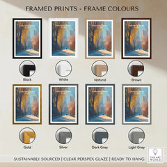 Central Park framed print shown with eight frame color options: black, white, natural, brown, gold, silver, dark grey, and light grey.