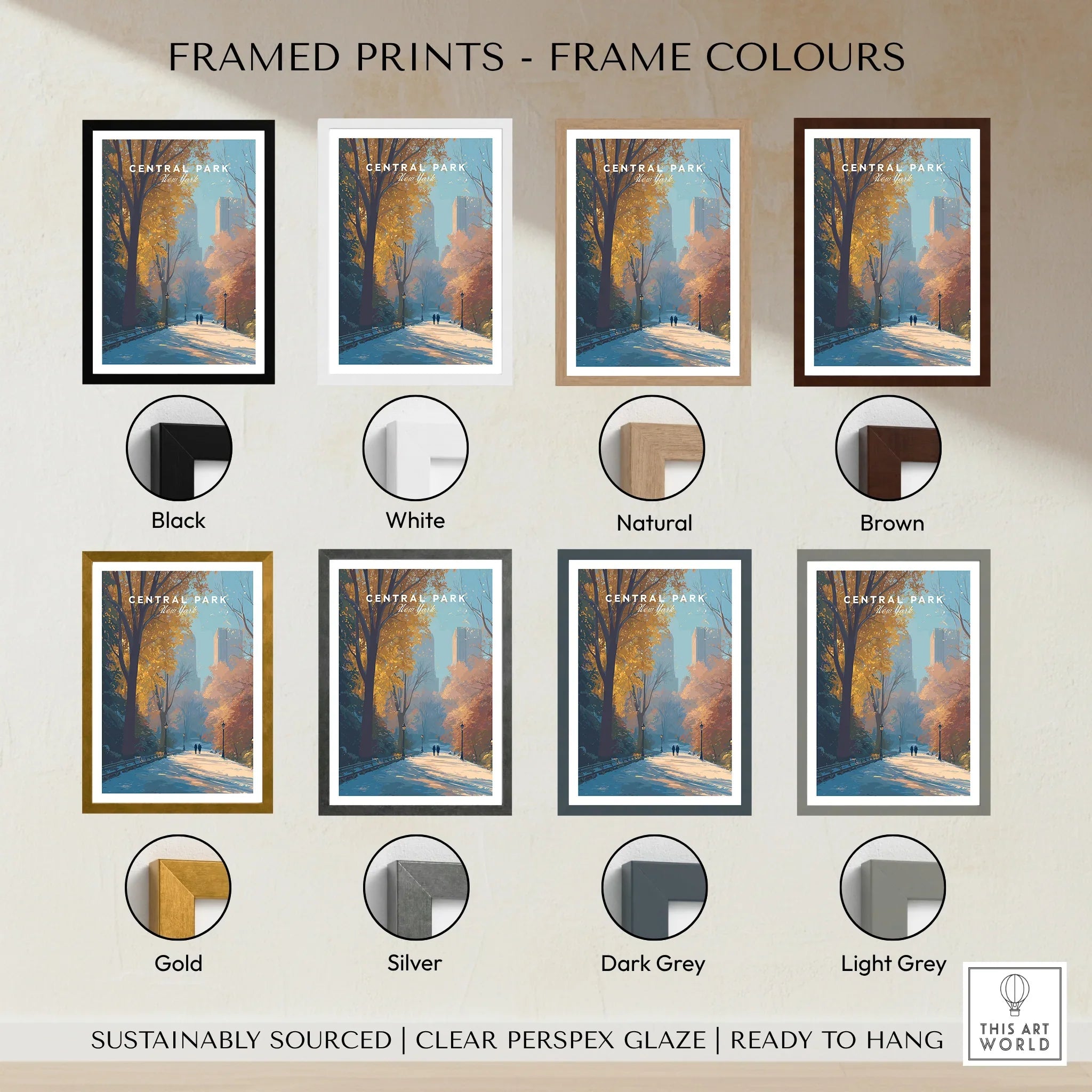 Central Park framed print shown with eight frame color options: black, white, natural, brown, gold, silver, dark grey, and light grey.