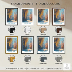 Central Park framed art print in autumn, available in black, white, natural, brown, gold, silver, dark grey, and light grey frames.
