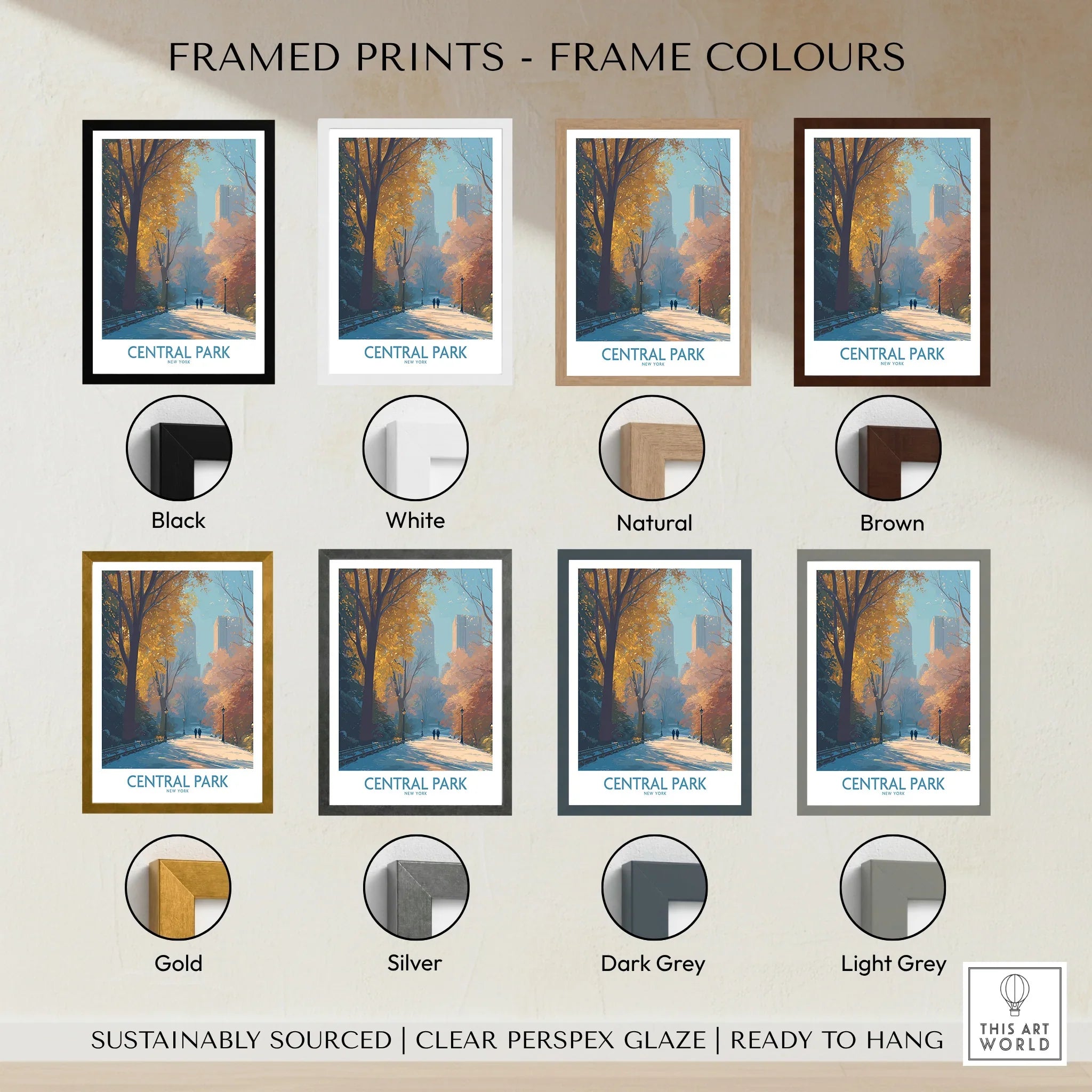 Central Park framed art print in autumn, available in black, white, natural, brown, gold, silver, dark grey, and light grey frames.