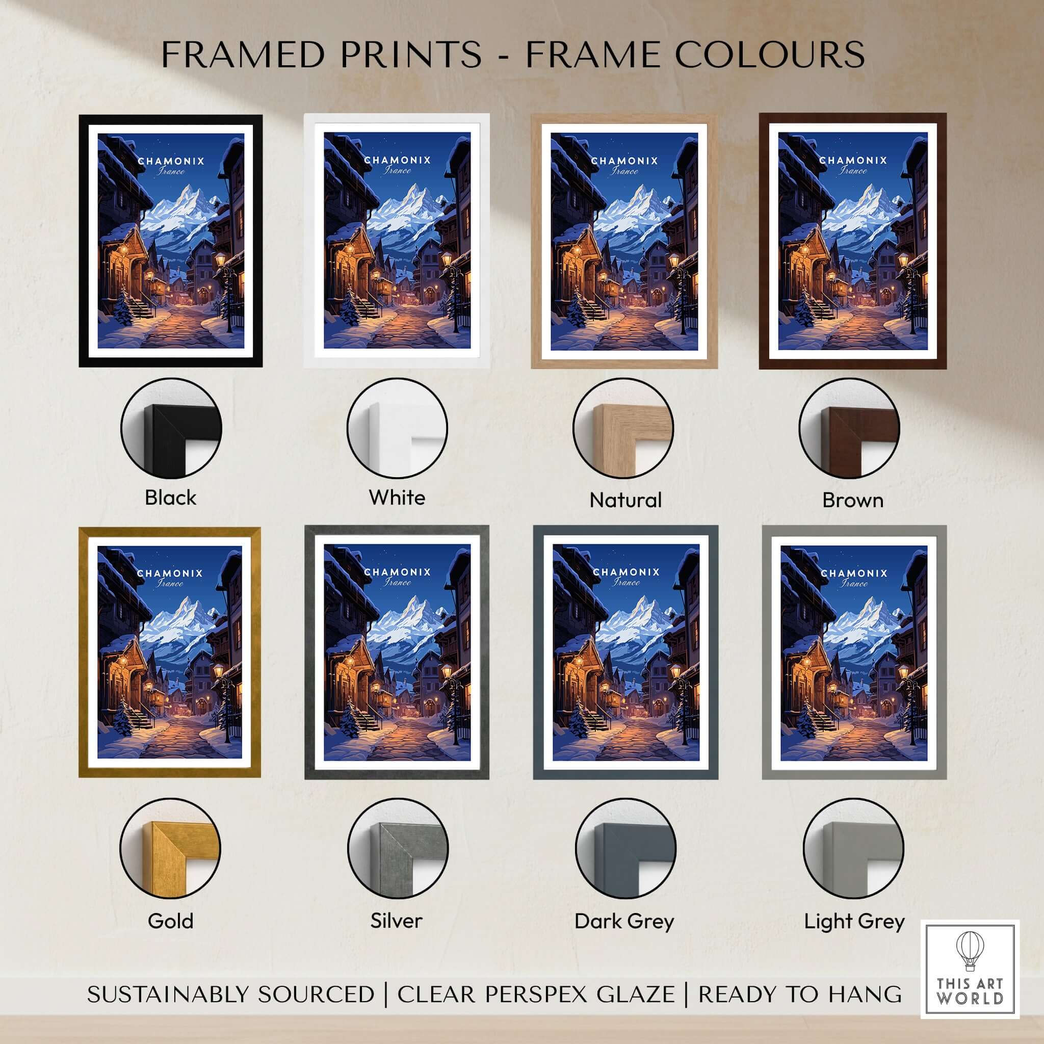 Chamonix Poster framed print options in various colors including black, white, natural, brown, gold, and silver.