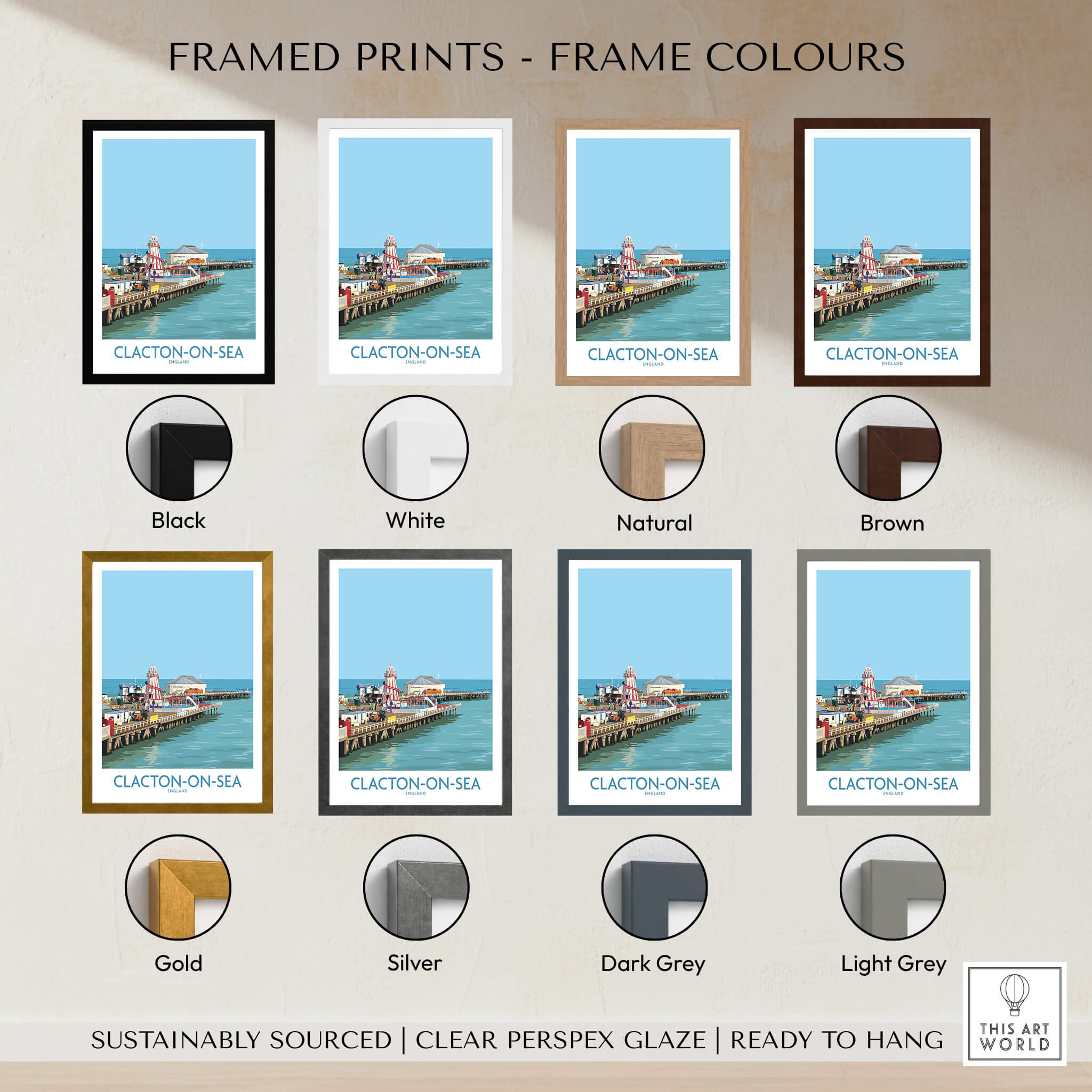 Clacton-on-Sea England Wall Art – British Seaside Decor framed prints in various colors.