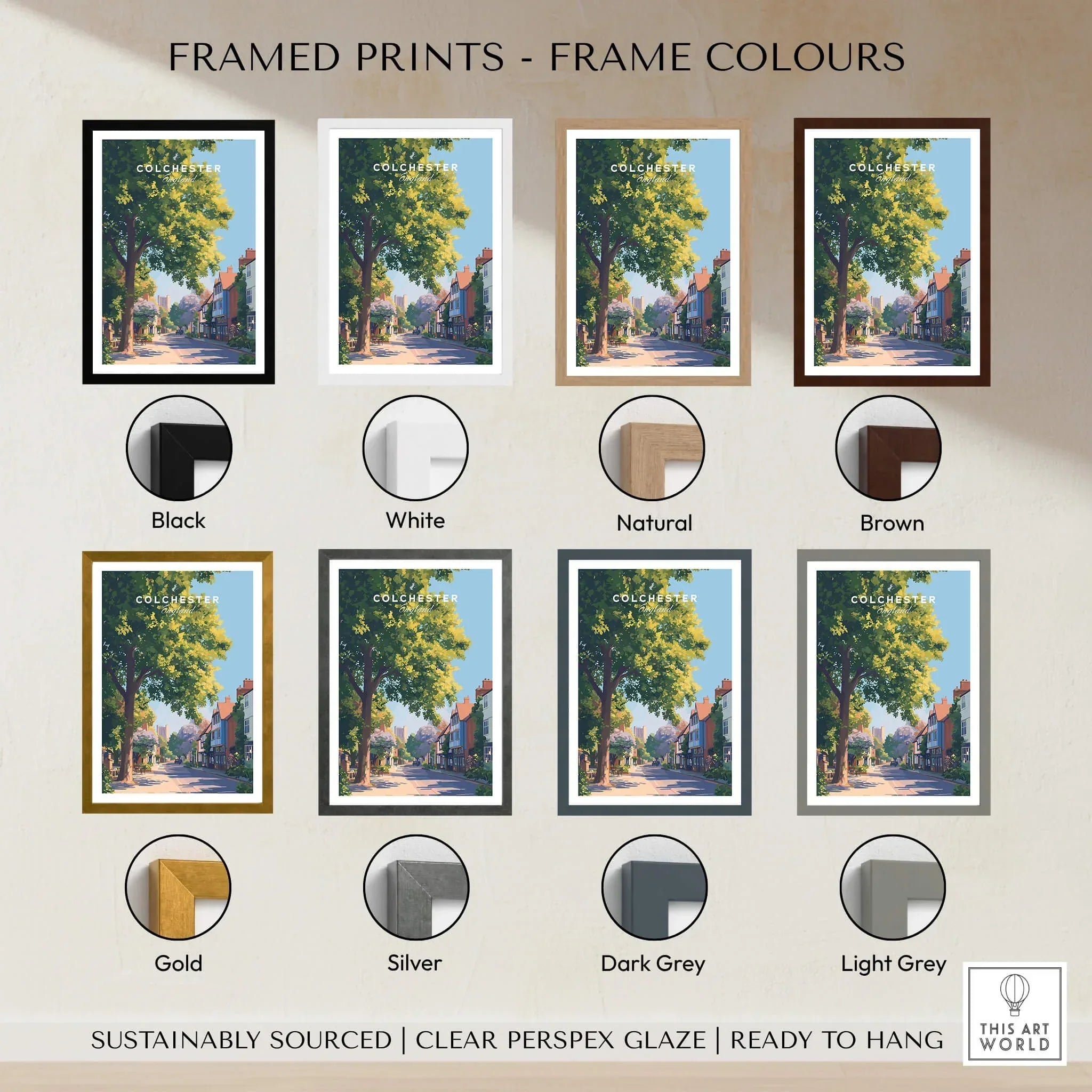 Colchester framed wall art print in eight frame color options: black, white, natural, brown, gold, silver, dark grey, light grey.