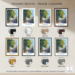 Colchester travel poster framed print in eight frame color options, including black, white, natural, brown, gold, silver, dark grey, and light grey, ideal for home decor.