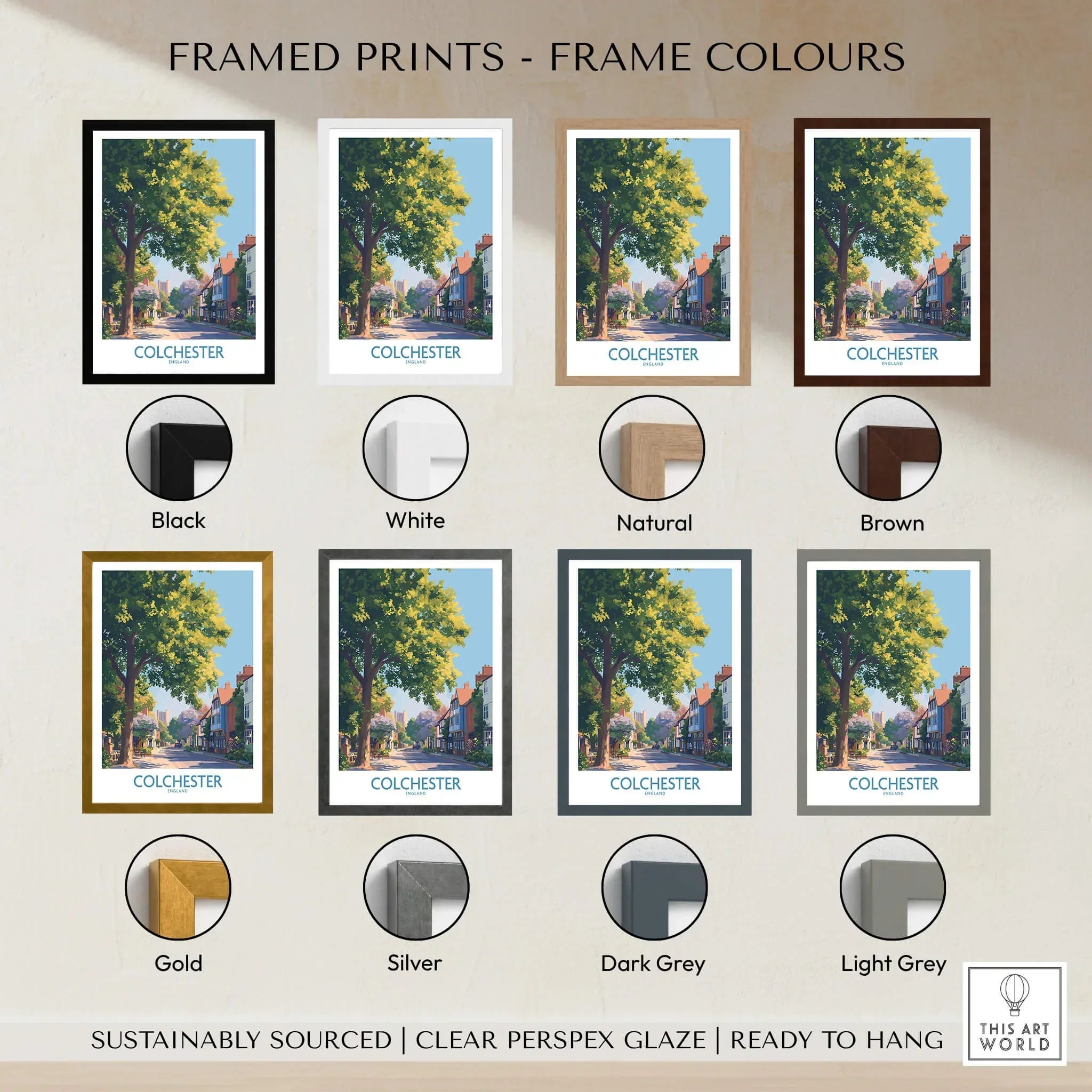 Colchester travel poster framed print in eight frame color options, including black, white, natural, brown, gold, silver, dark grey, and light grey, ideal for home decor.