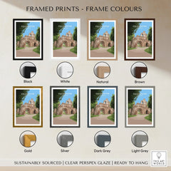 Colchester framed travel poster wall art in eight frame color options including black, white, natural, brown, gold, silver, dark grey, and light grey.