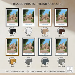 Colchester travel poster print shown in eight frame color options, wall art decor samples