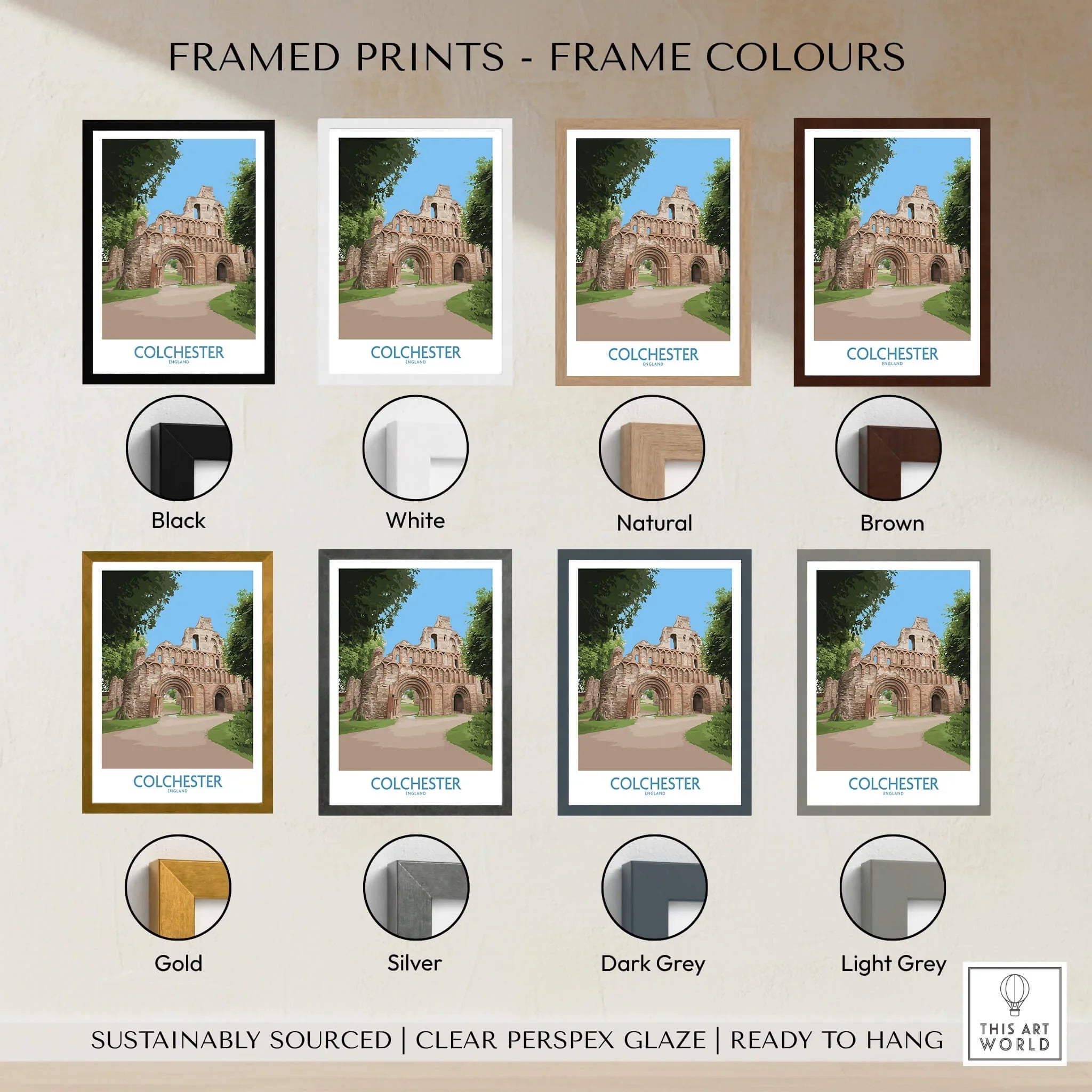 Colchester travel poster print shown in eight frame color options, wall art decor samples