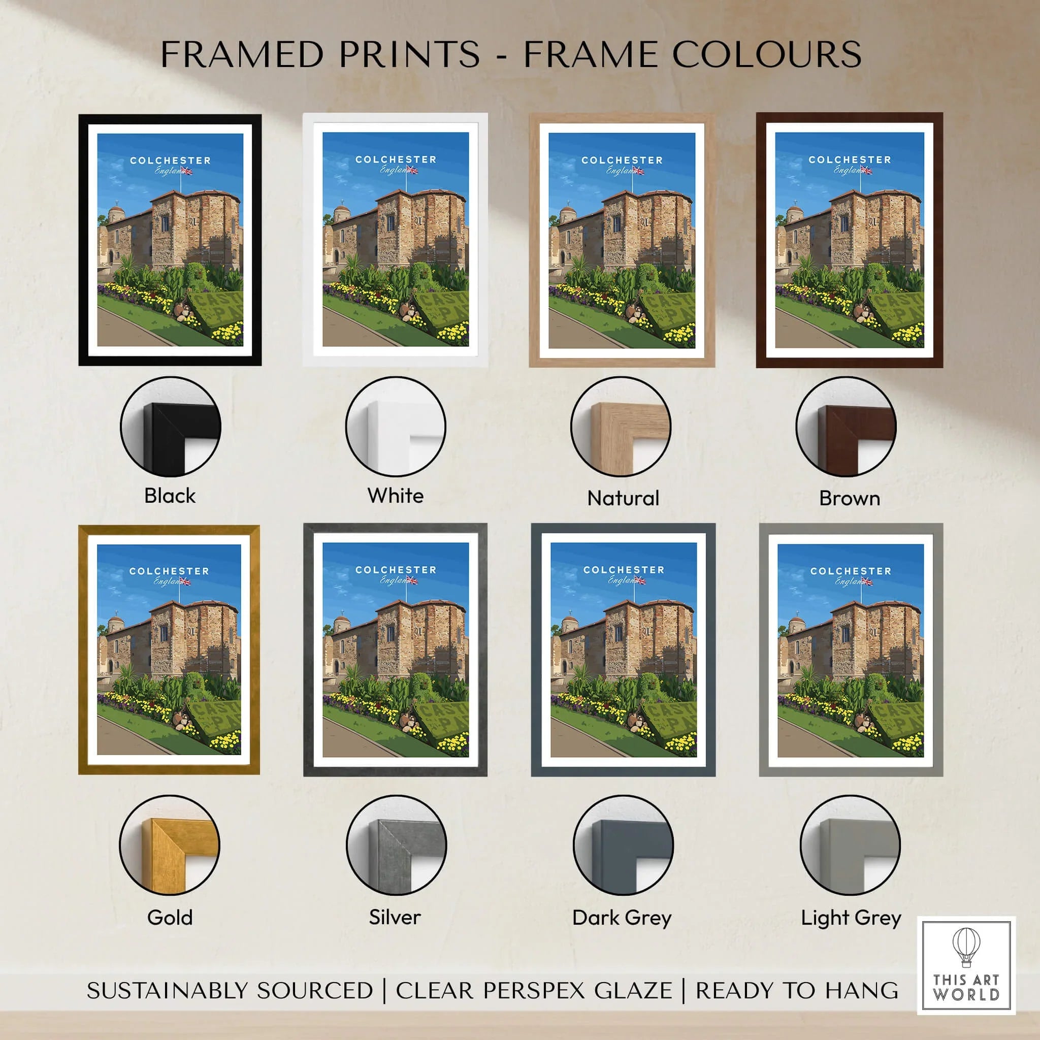 Colchester travel poster framed print shown in eight frame color options, wall art decor.