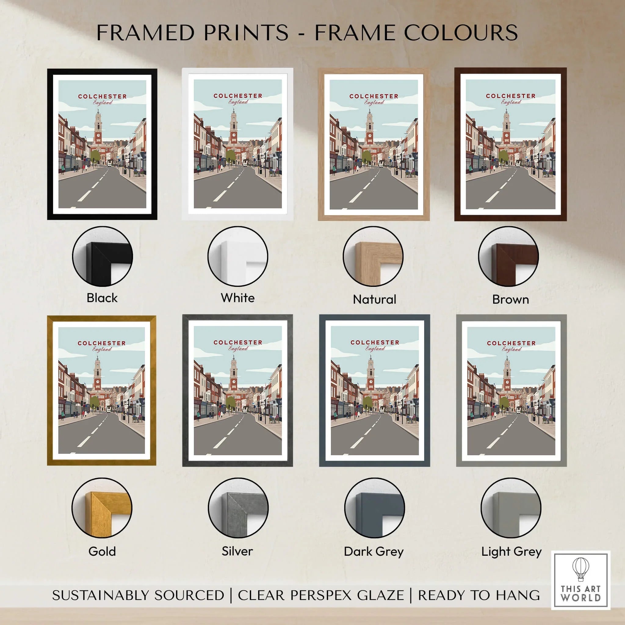 Colchester England framed print wall art in 8 different frame color options, travel poster style