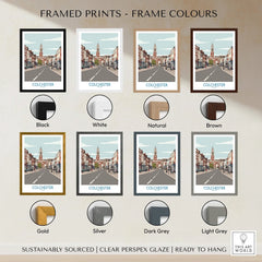 Colchester travel poster framed print with eight frame color options: black, white, natural, brown, gold, silver, dark grey, light grey.
