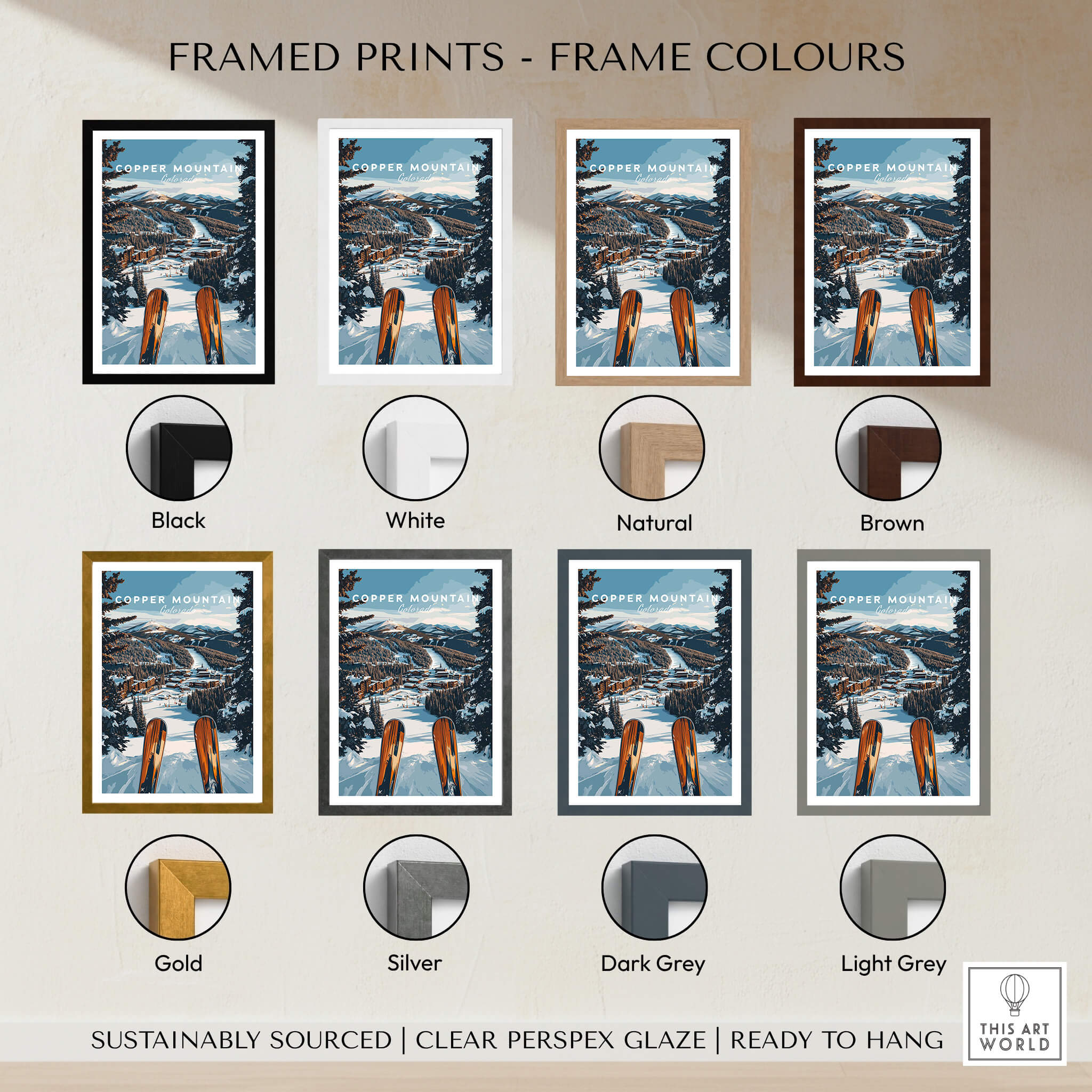 Framed Copper Mountain Ski Print options in various colors including black, white, natural, brown, gold, silver, dark grey, and light grey.