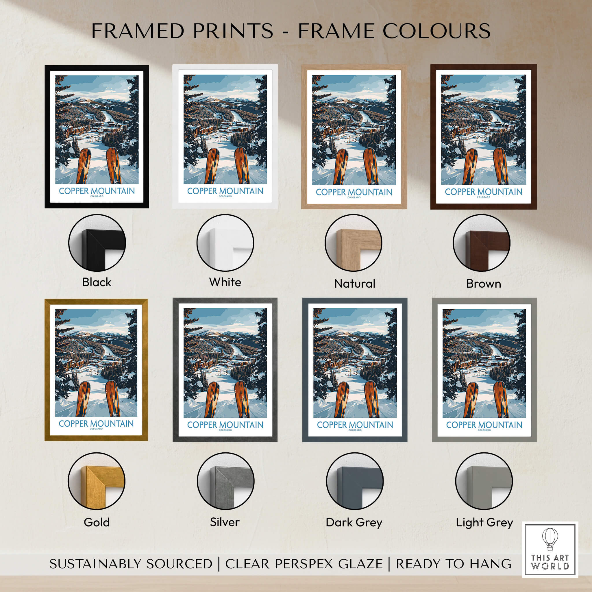 Framed prints showcasing Copper Mountain Colorado Wall Art – Winter Ski Resort Print in various frame colors.