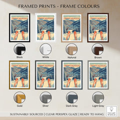 Framed Copper Mountain Travel Poster – Sunset Ski Slopes displayed in various frame colors including black, white, natural and brown.
