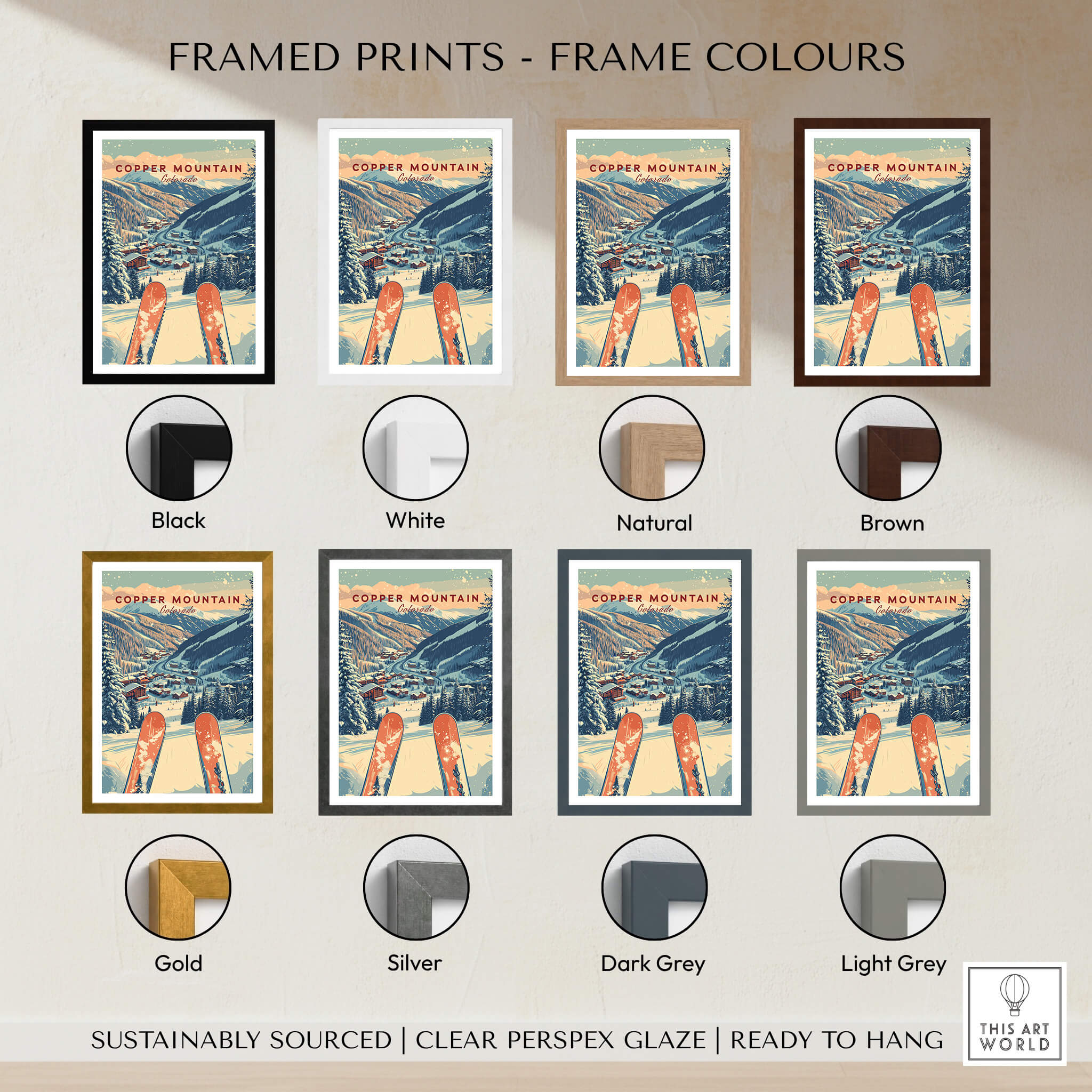 Framed Copper Mountain Travel Poster – Sunset Ski Slopes displayed in various frame colors including black, white, natural and brown.