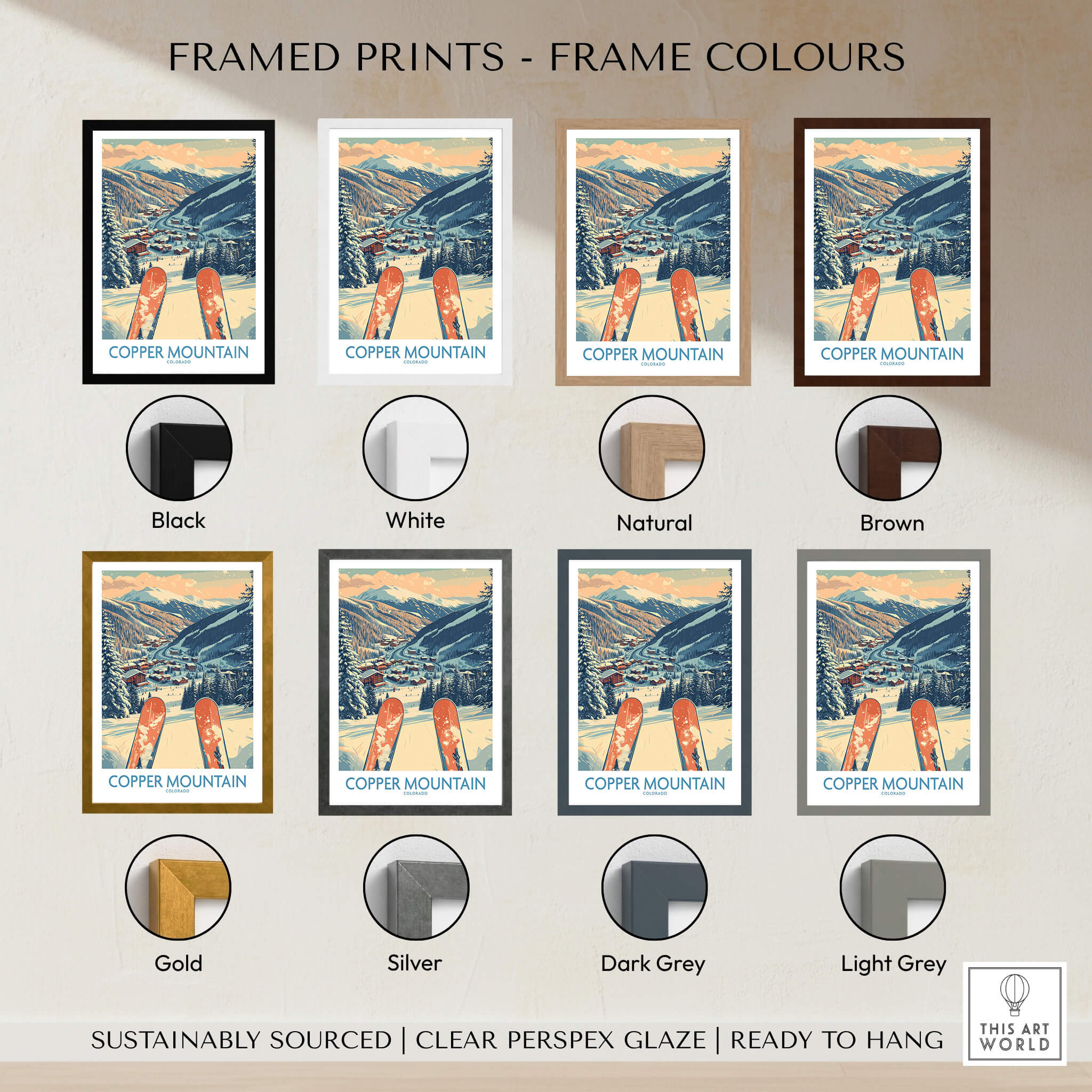 Copper Mountain Colorado Wall Art – Winter Mountain Ski Resort Wall Decor framed prints in various colors.