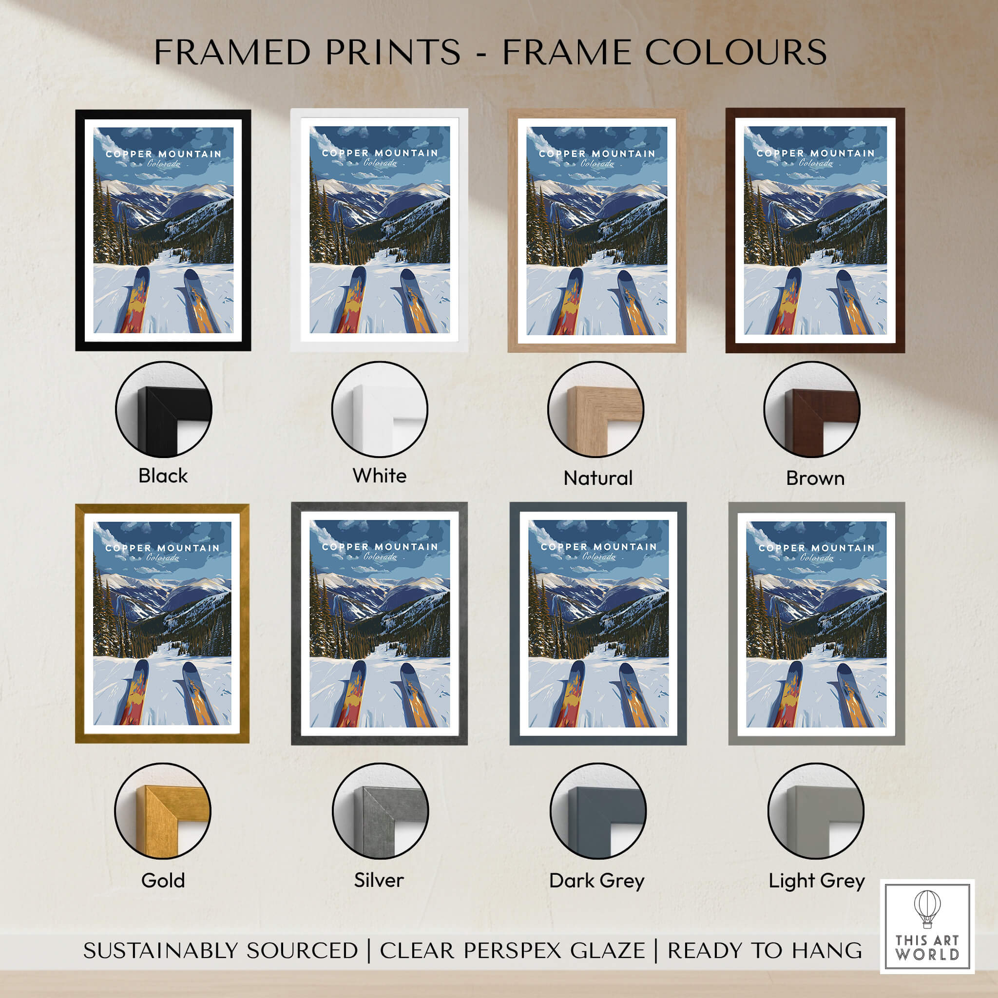 Framed prints options for Ski Print Copper Mountain Colorado, showcasing various frame colors available.