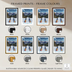 Copper Mountain Colorado Wall Art – Snowy Peak Winter Sports Print framed in various colors for décor.