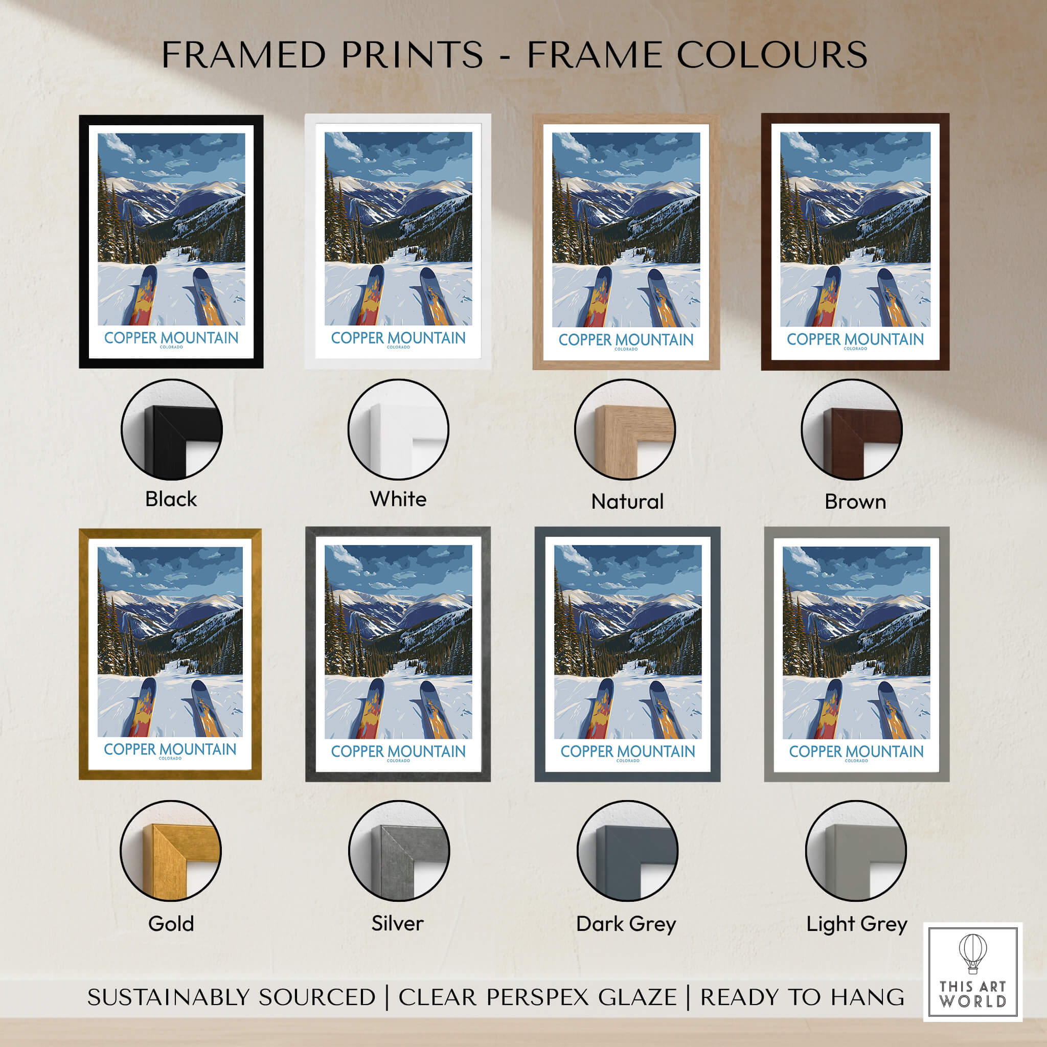 Copper Mountain Colorado Wall Art – Snowy Peak Winter Sports Print framed in various colors for décor.