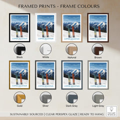 Different frame colors for Copper Mountain Ski Wall Art Ski Print including black, white, natural, brown, gold, silver, dark grey, and light grey.
