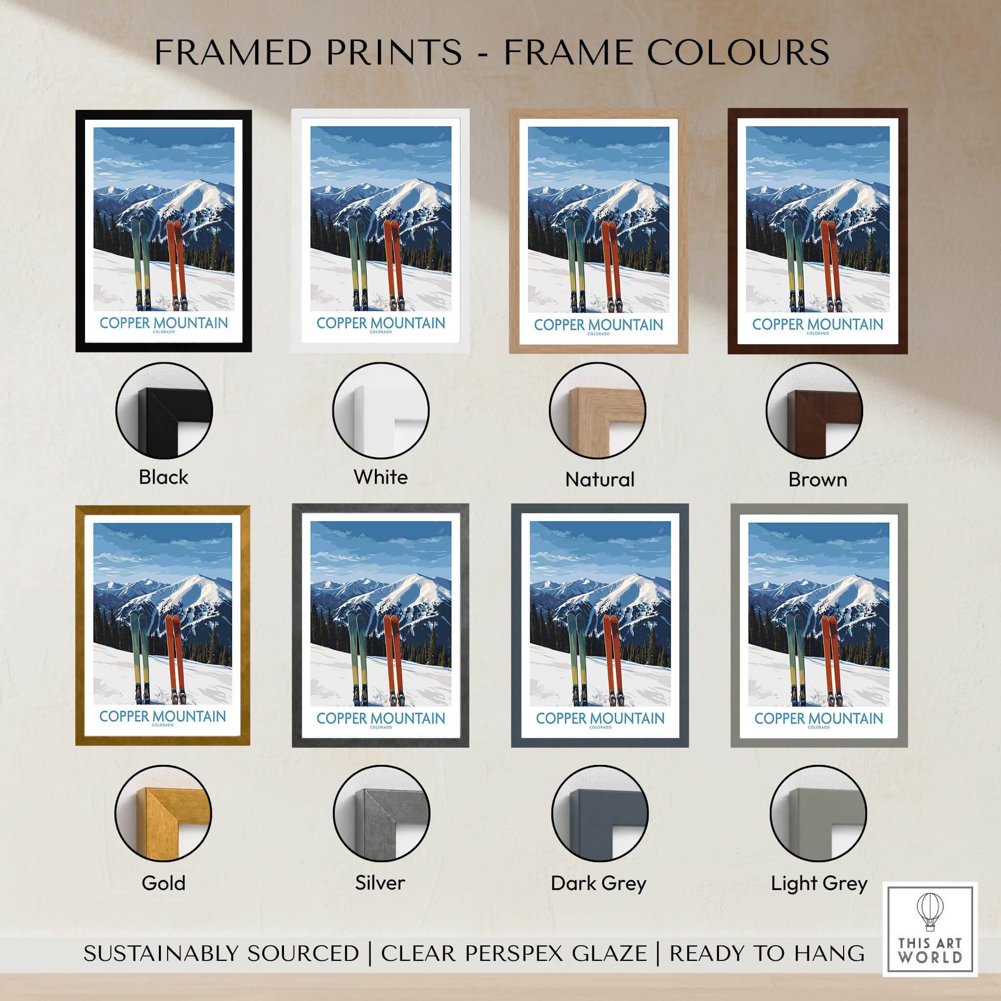 Different frame colors for Copper Mountain Ski Wall Art Ski Print including black, white, natural, brown, gold, silver, dark grey, and light grey.