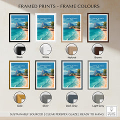 Costa Blanca Spain Travel Art – Mediterranean Village & Turquoise Sea Landscape Poster framed print options in various colors.