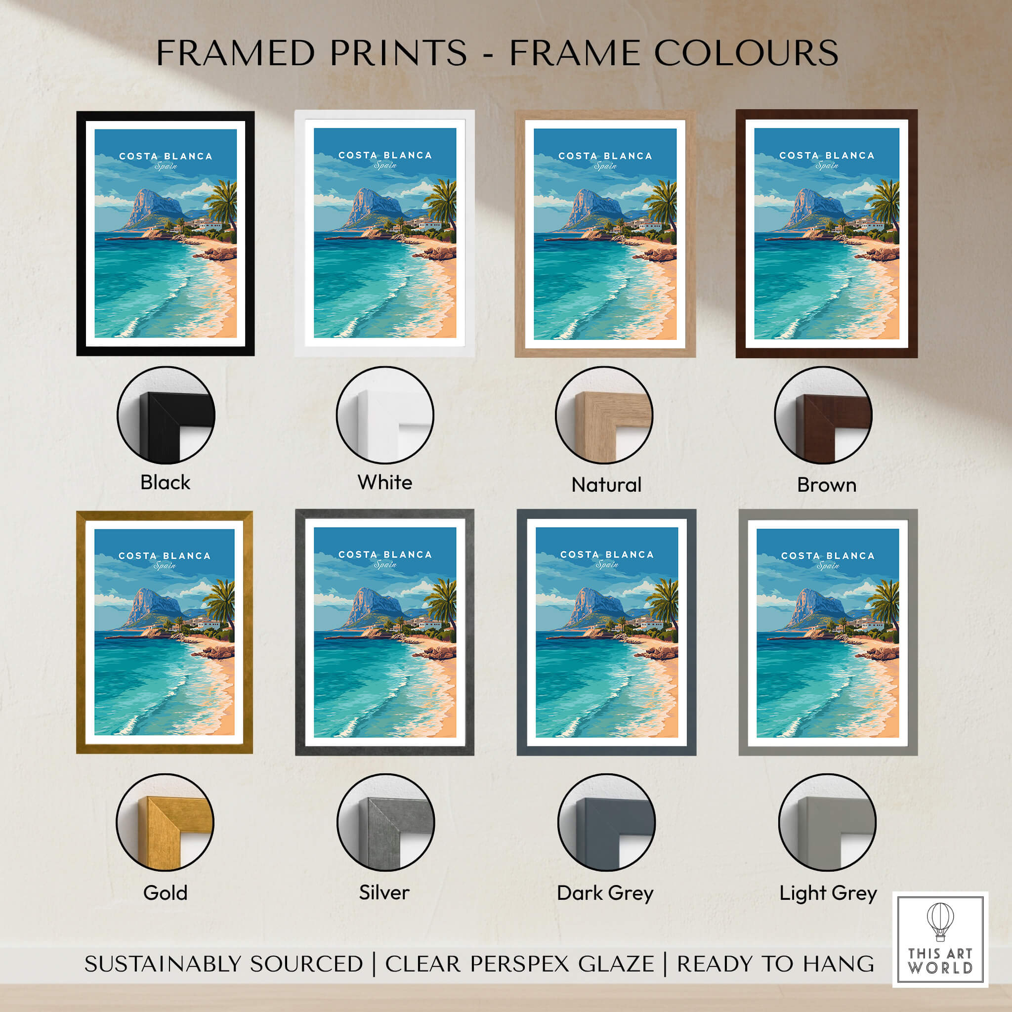 Costa Blanca Spain Travel Art – Mediterranean Village & Turquoise Sea Landscape Poster framed print options in various colors.