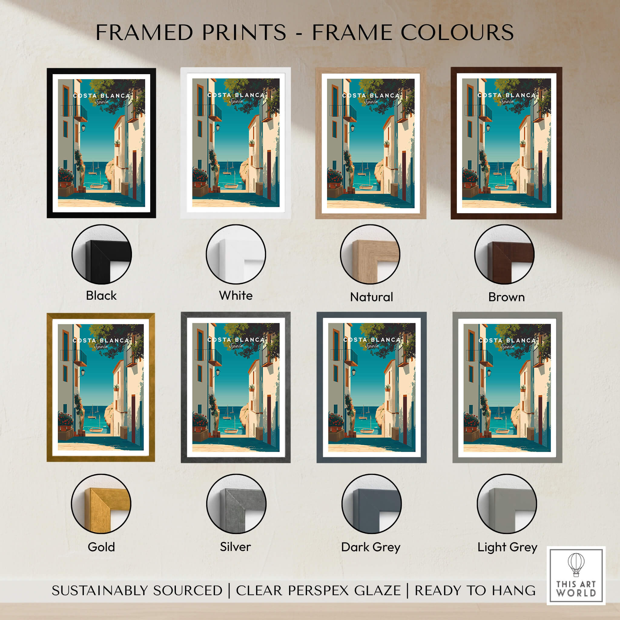 Framed prints of Costa Blanca Spain Print – Iconic White Village & Mediterranean Architecture Wall Decor in various frame colors.